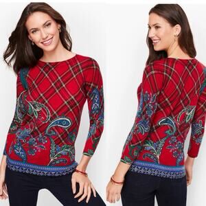 Talbots Merino Wool Sweater Sz SmallRed Plaid Paisley Holiday Christmas Preppy